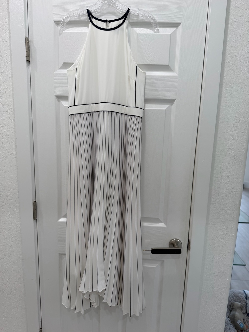 Banana Republic Elegant White Navy Pleated Halter Dress with Asymmetrical hem